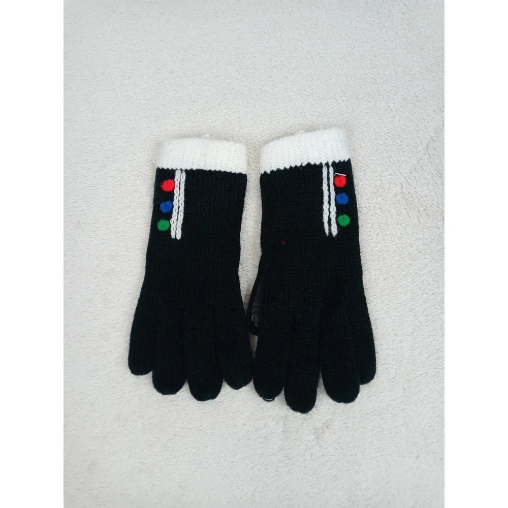 Vintage Sears Gloves Black Knit White Cuff Traffic Light Buttons Mod 60s‎ NOS